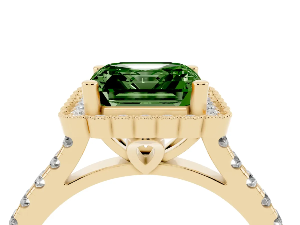 Fancy Green Asscher Cut Cut Diamond Milgrain Floral Halo Engagement Ring with Pavé Band Yellow gold