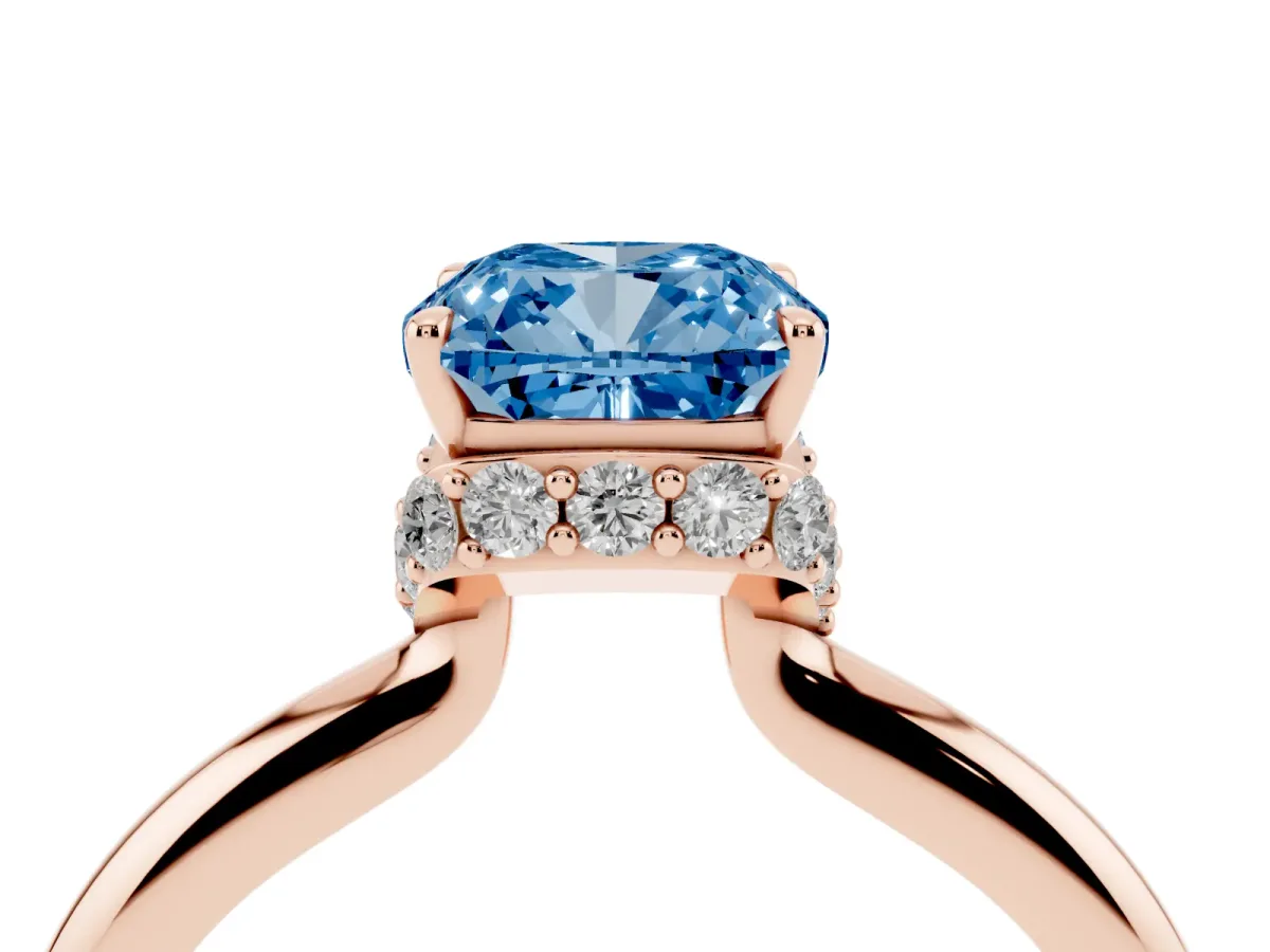 Fancy Blue Cushion Cut Brilliant Solitaire Engagement Ring with Six-Prong Setting and Classic Band Rose gold