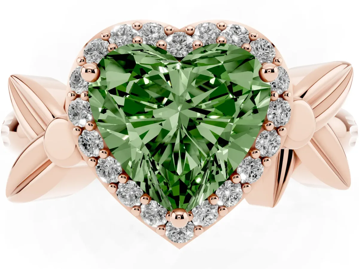 Fancy Green Heart Cut Halo Diamond Floral Band with Four-Prong Setting Rose gold