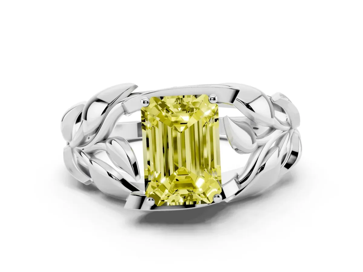 Fancy Yellow Emerald Cut Diamond Leaf-Inspired Engagement Ring with Round Accents and Prong Setting Platinum