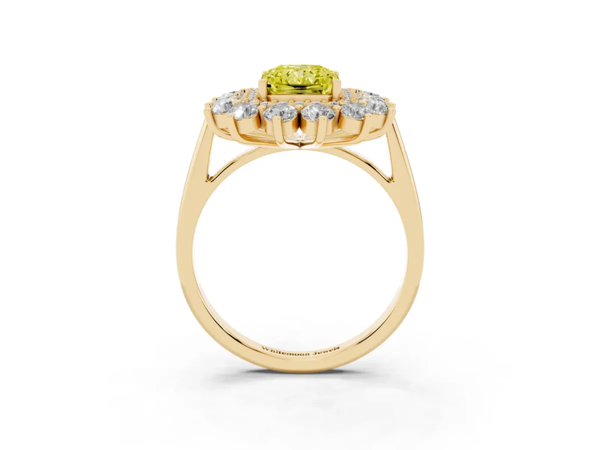 Fancy Yellow Radiant Cut Diamond Floral Double Halo Engagement Ring with Prong Setting Yellow gold