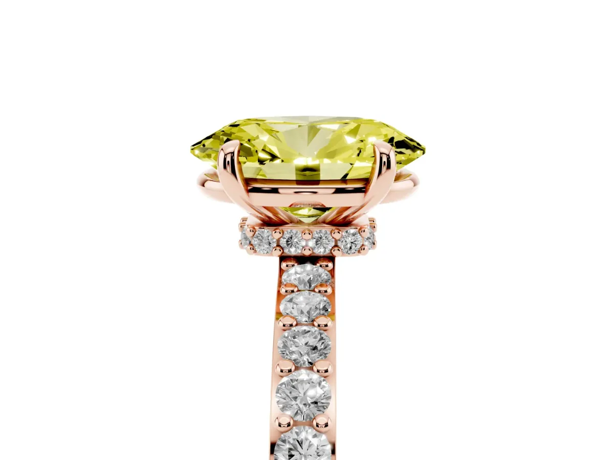 Fancy Yellow Oval Cut Diamond Pavé Engagement Ring with Round Accents and Prong Setting Rose gold