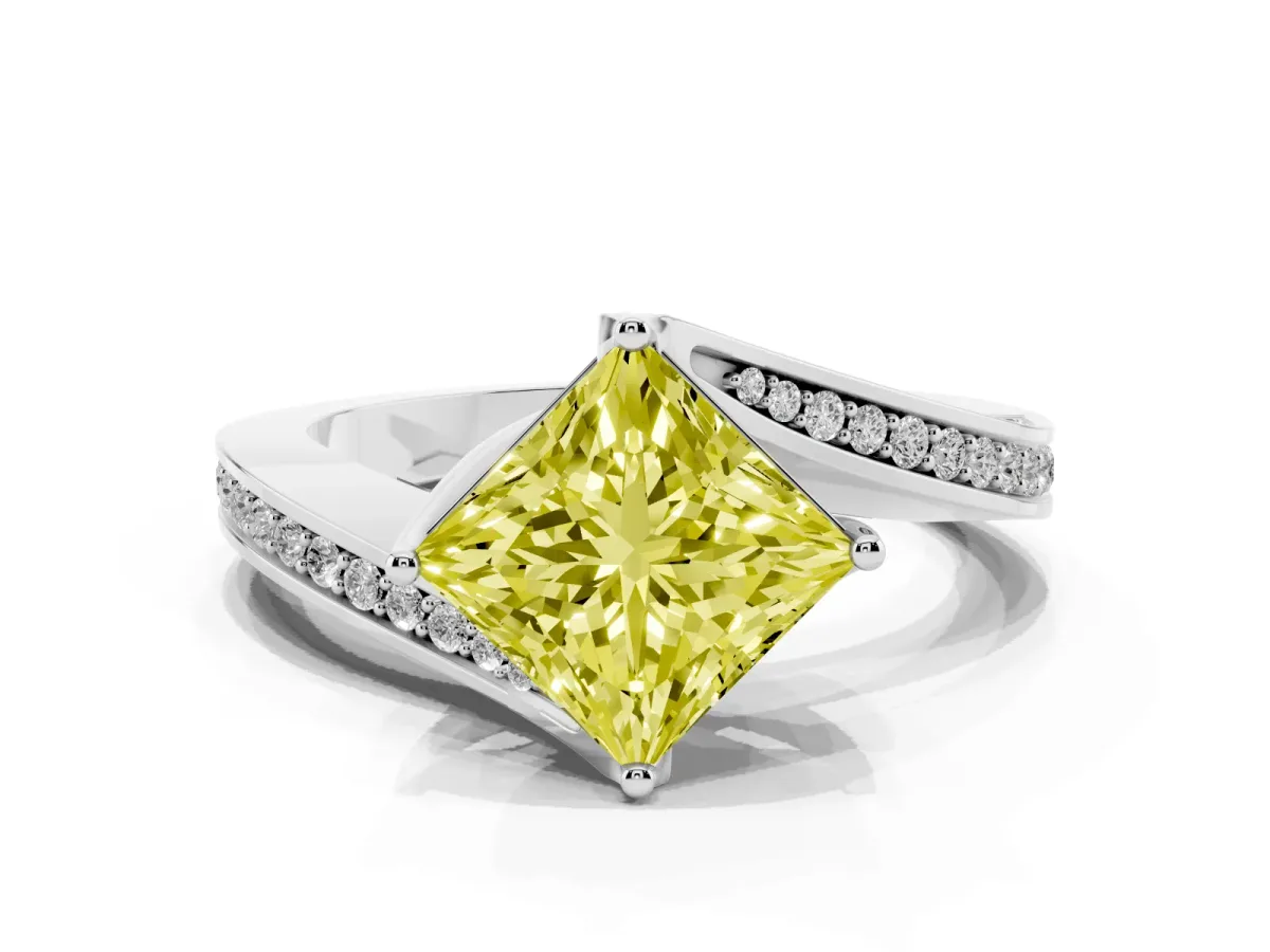 Fancy Yellow Princess Cut Solitaire Diamond Twist Band with Pavé Setting and Four-Prong Setting White gold