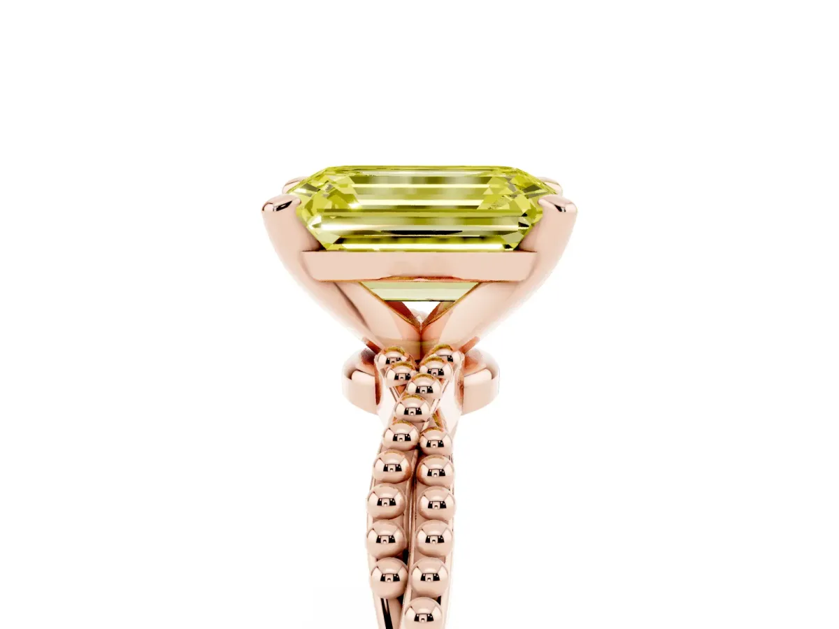 Fancy Yellow Emerald Cut Solitaire Twisted Band with Bead Prong Setting Rose gold