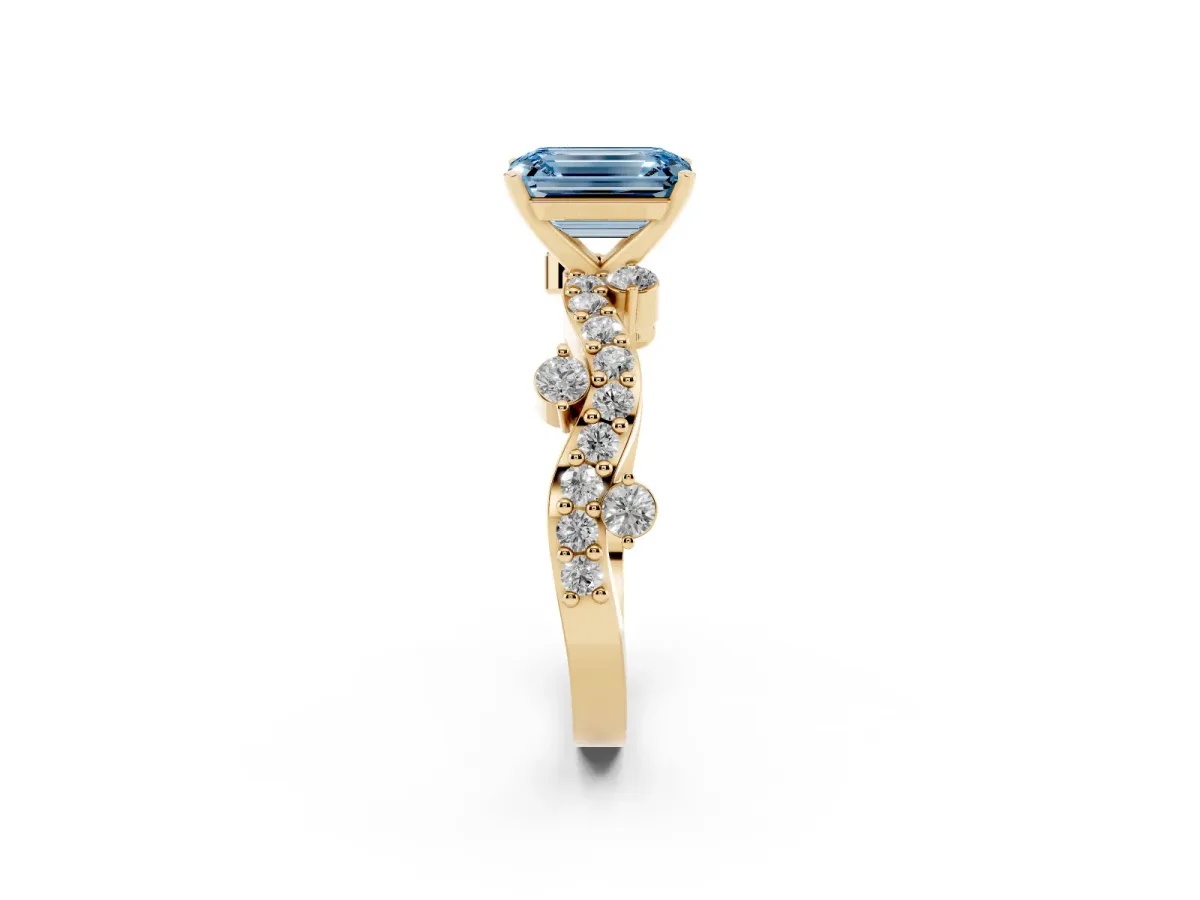 Fancy Blue Emerald Cut Cut Solitaire Diamond Twisted Band with Pave Setting Yellow gold