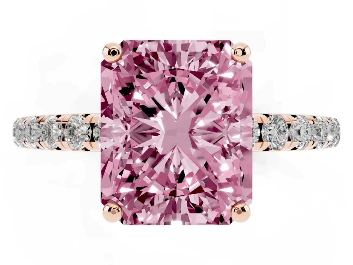 Fancy Pink Radiant Cut Cut Diamond Solitaire Ring with Micro Pave Band and Four Prong Setting Rose gold