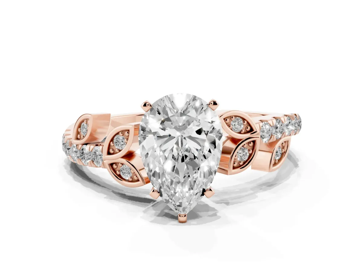 Pear Cut Solitaire Leaf-Inspired Diamond Ring with Pavé Band and Four-Prong Setting Rose gold