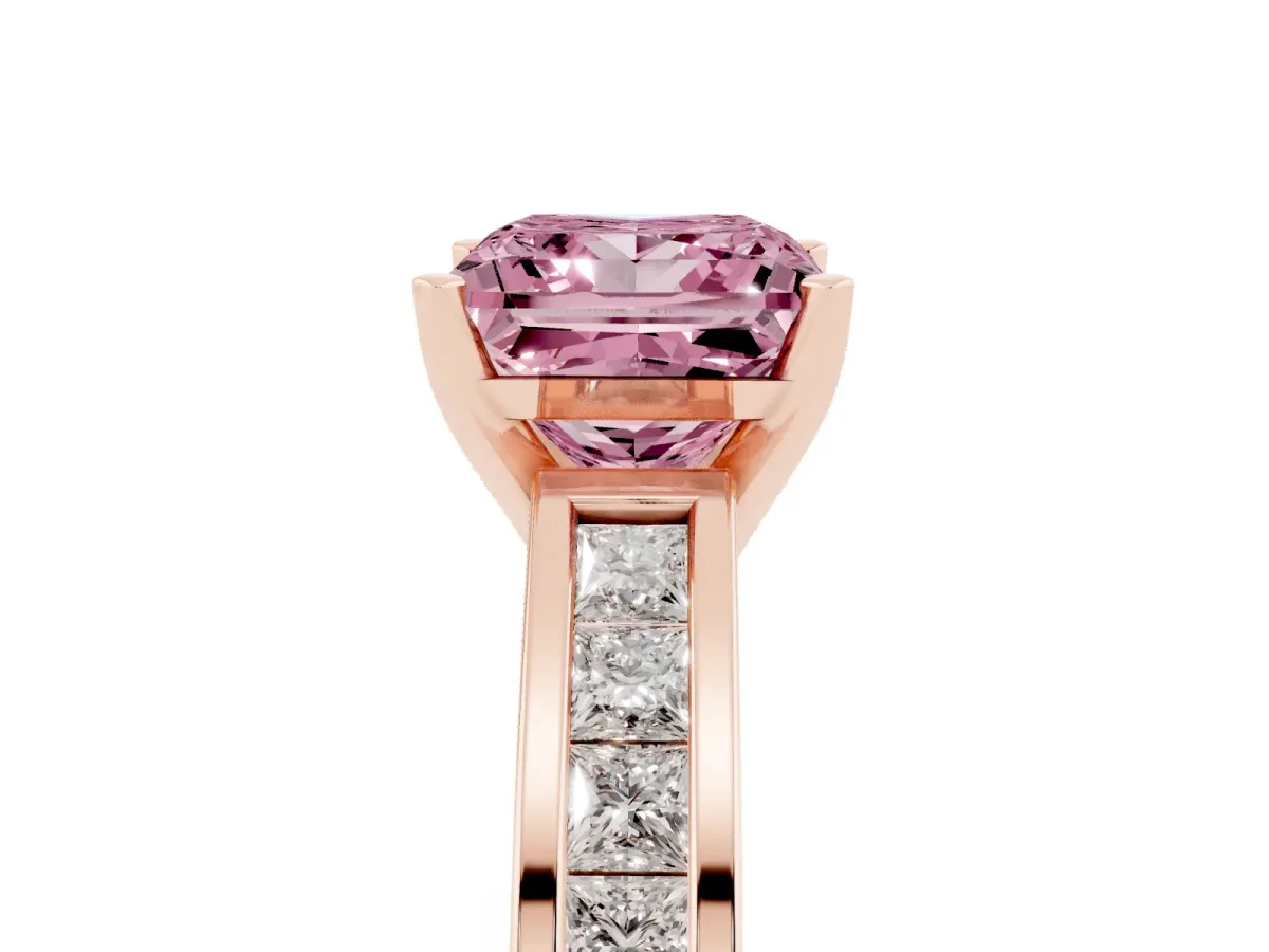 Fancy Pink Princess Cut Solitaire Diamond Ring with Channel-Set Band and Four-Prong Setting Rose gold