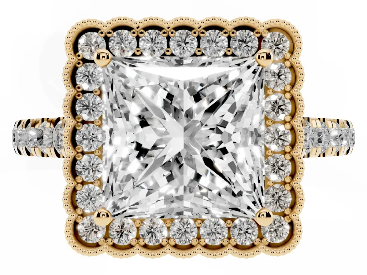 Princess Cut Cut Diamond Milgrain Floral Halo Engagement Ring with Pavé Band Yellow gold
