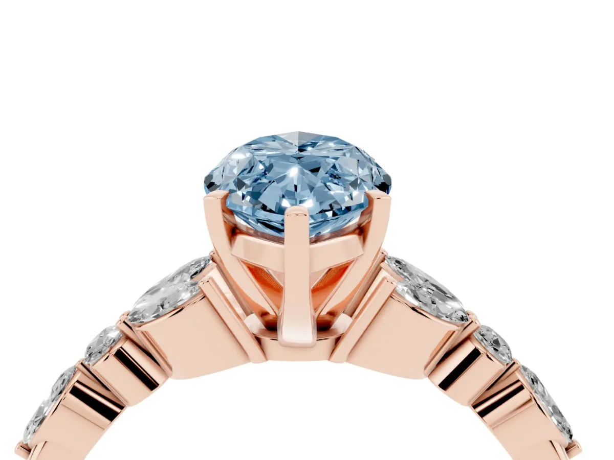 Fancy Blue Marquise Cut Diamond Solitaire Ring with Side Stones and Four-Prong Setting Rose gold