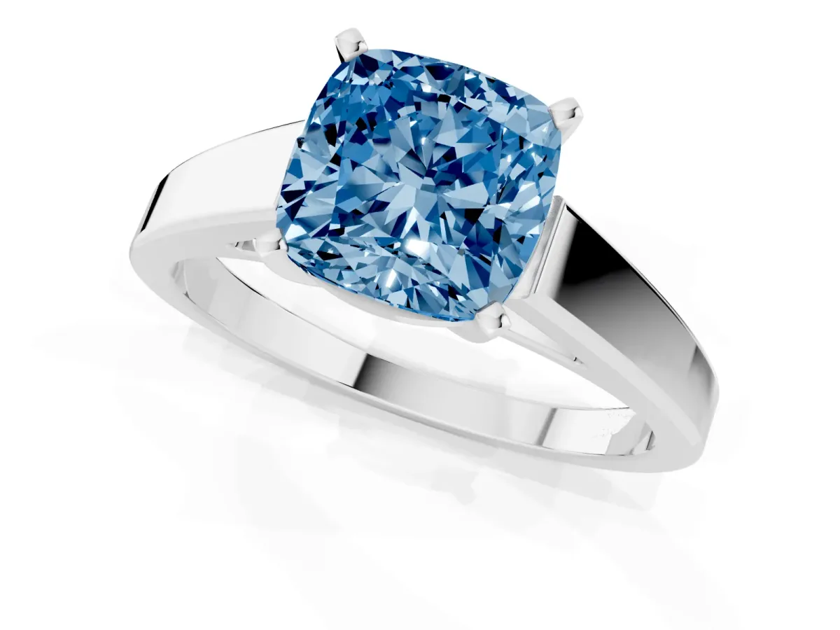 Fancy Blue Cushion Cut Solitaire Engagement Ring with Four-Prong Setting and Tapered Band Silver