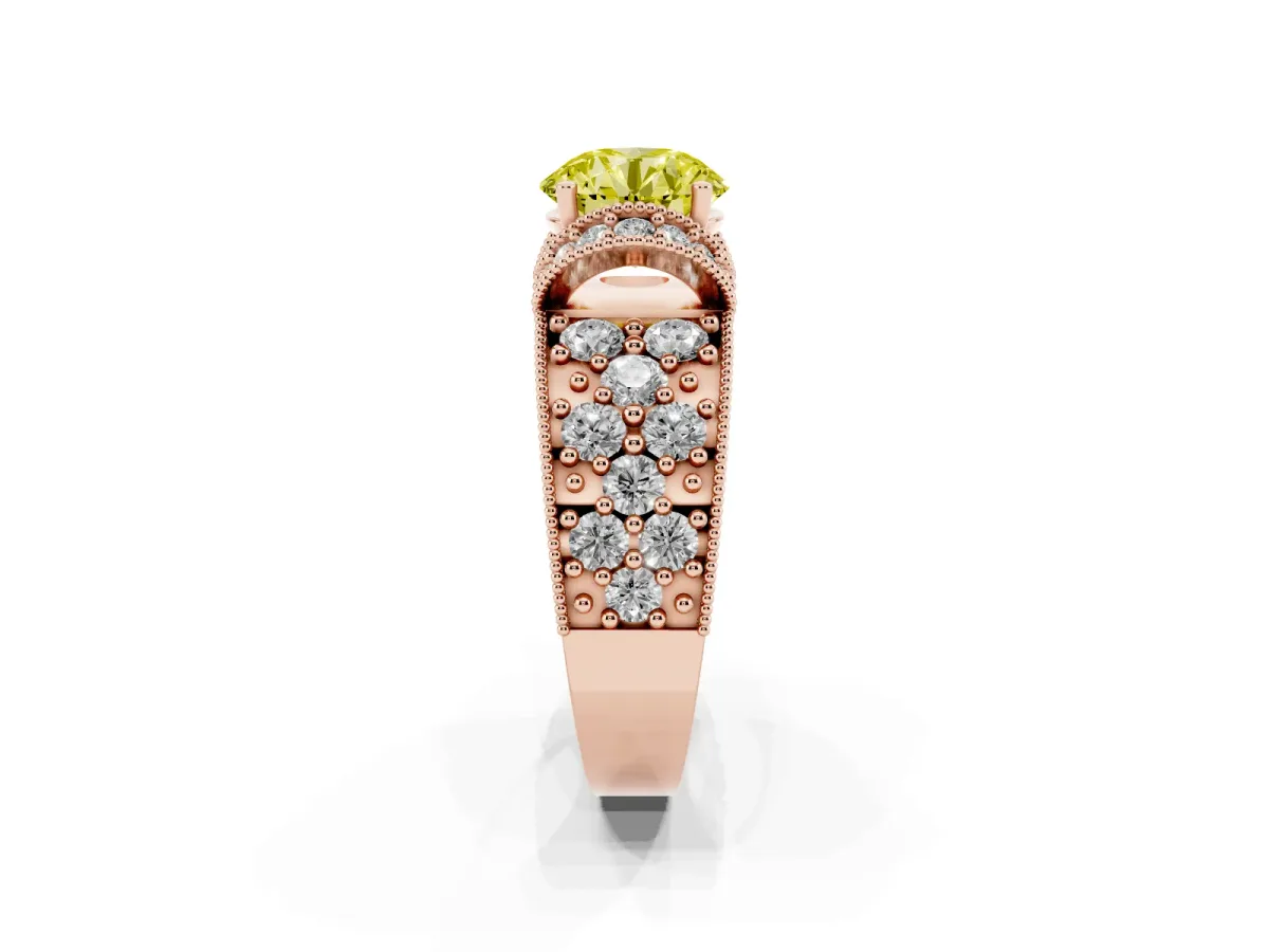 Fancy Yellow Round Cut Halo Pave Diamond Engagement Ring with Milgrain Detailing Rose gold