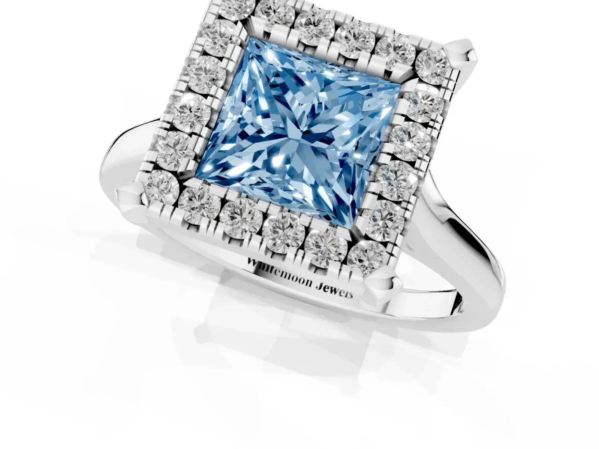 Fancy Blue Princess Cut Diamond Cluster Halo Solitaire with Four-Prong Setting Silver