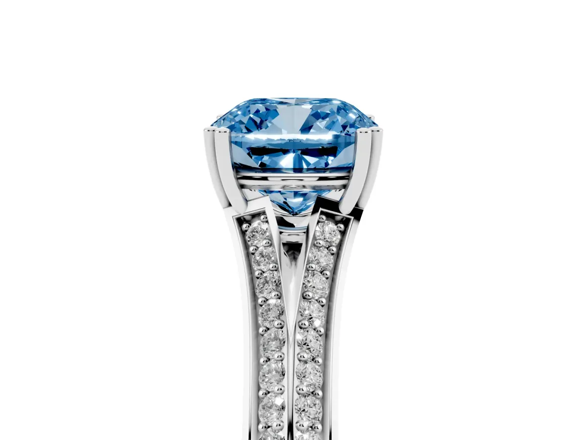 Fancy Blue Cushion Cut Diamond Split Shank Engagement Ring with Pavé Band Silver