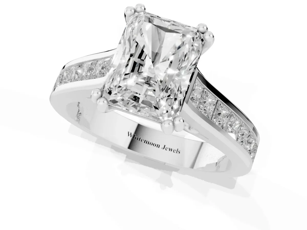 Radiant Cut Cut Channel Set Solitaire Engagement Ring with Prong Setting Silver