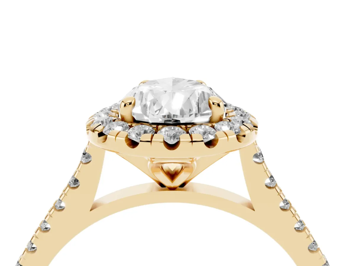 Pear Cut Diamond Cushion Halo Ring with Pavé Band Yellow gold