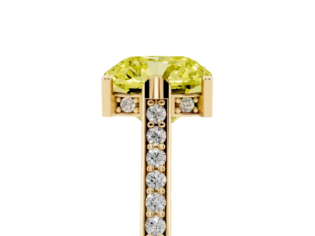 Fancy Yellow Cushion Cut Solitaire Diamond Ring with Channel Set Band and Bezel Prong Setting Yellow gold