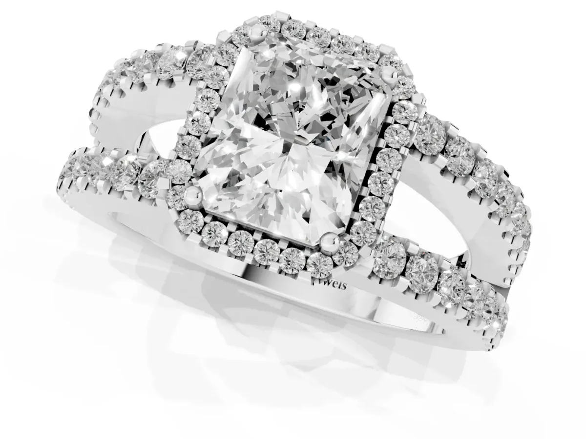 Radiant Cut Cut Halo Split Shank Diamond Ring with Four-Prong Setting White gold