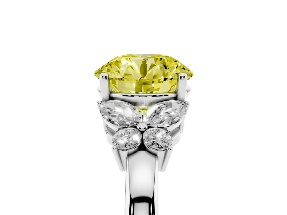 Fancy Yellow Round Cut Cut Solitaire Floral Diamond Ring with Four-Prong Setting Silver