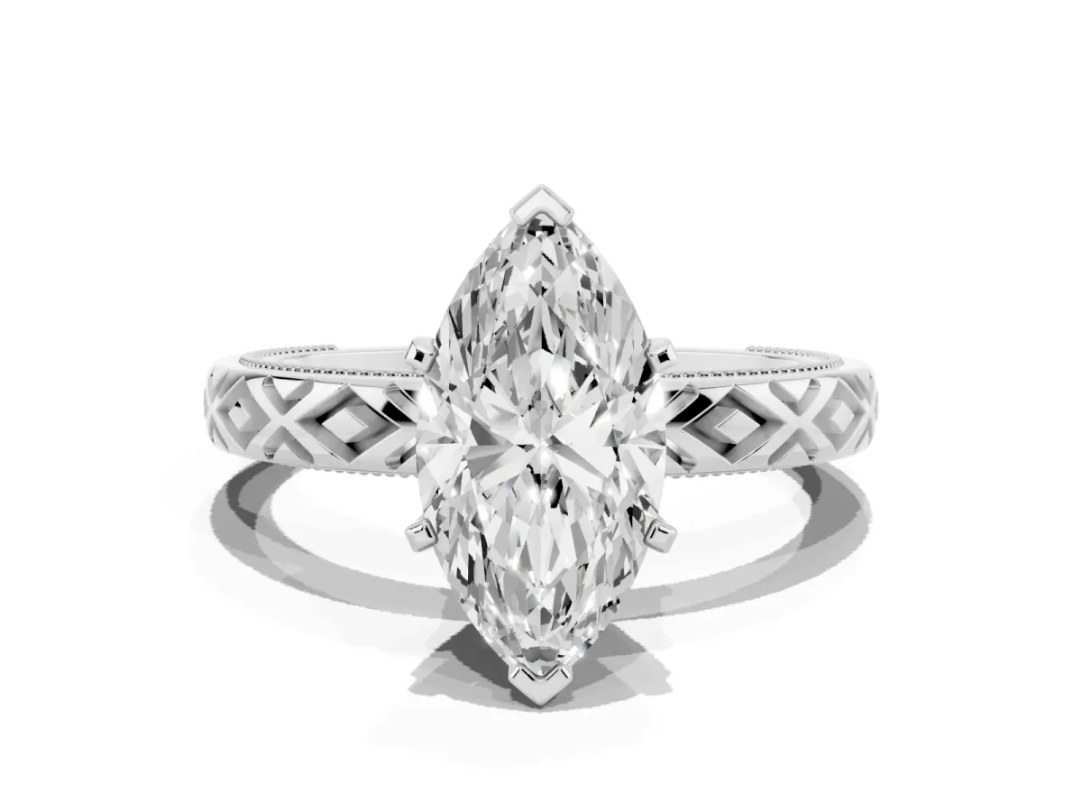 Marquise Cut Solitaire Diamond Ring with Milgrain and Black Enamel X Pattern Band Platinum