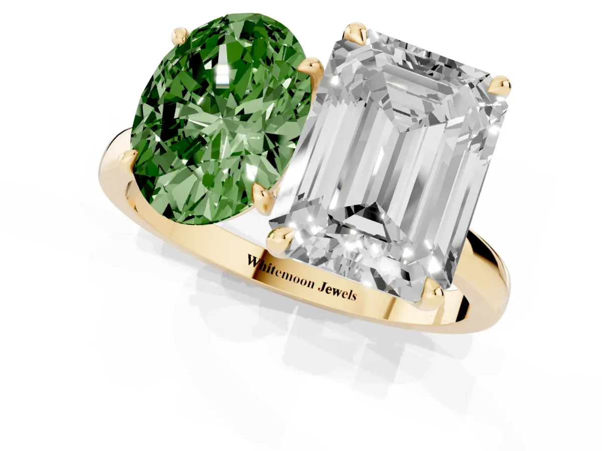 Fancy Green Oval Cut and Emerald Cut Toi Moi Ring with Prong Setting Yellow gold