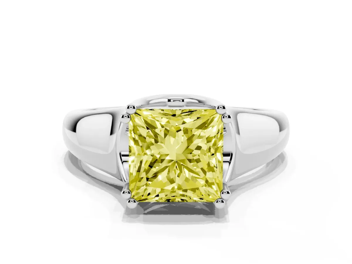 Fancy Yellow Princess Cut Diamond Solitaire Ring with Wide Band and Prong Setting Platinum