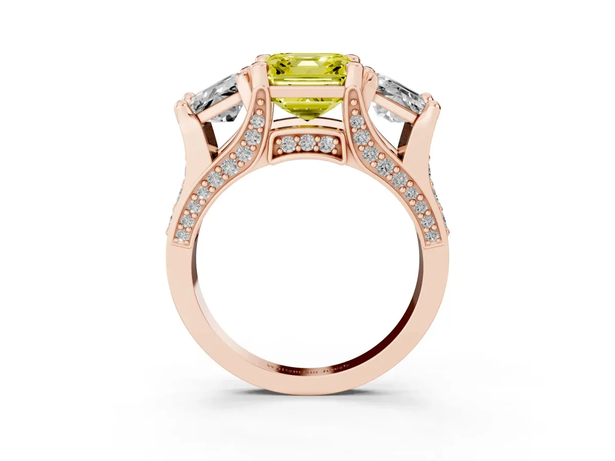 Fancy Yellow Asscher Cut Diamond Three-Stone Ring with Channel Set Band and Four-Prong Setting Rose gold