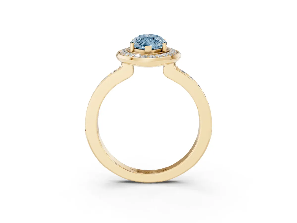 Fancy Blue Marquise Cut Diamond Halo Ring with Bezel Frame and Pavé Band Yellow gold