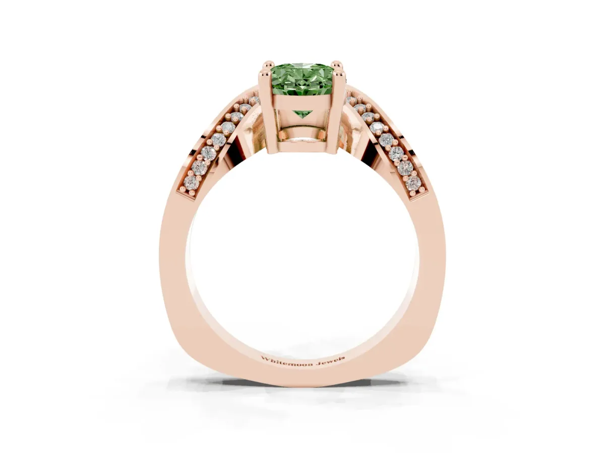 Fancy Green Oval Cut Solitaire Diamond Engagement Ring with Pave Band and Four-Prong Setting Rose gold