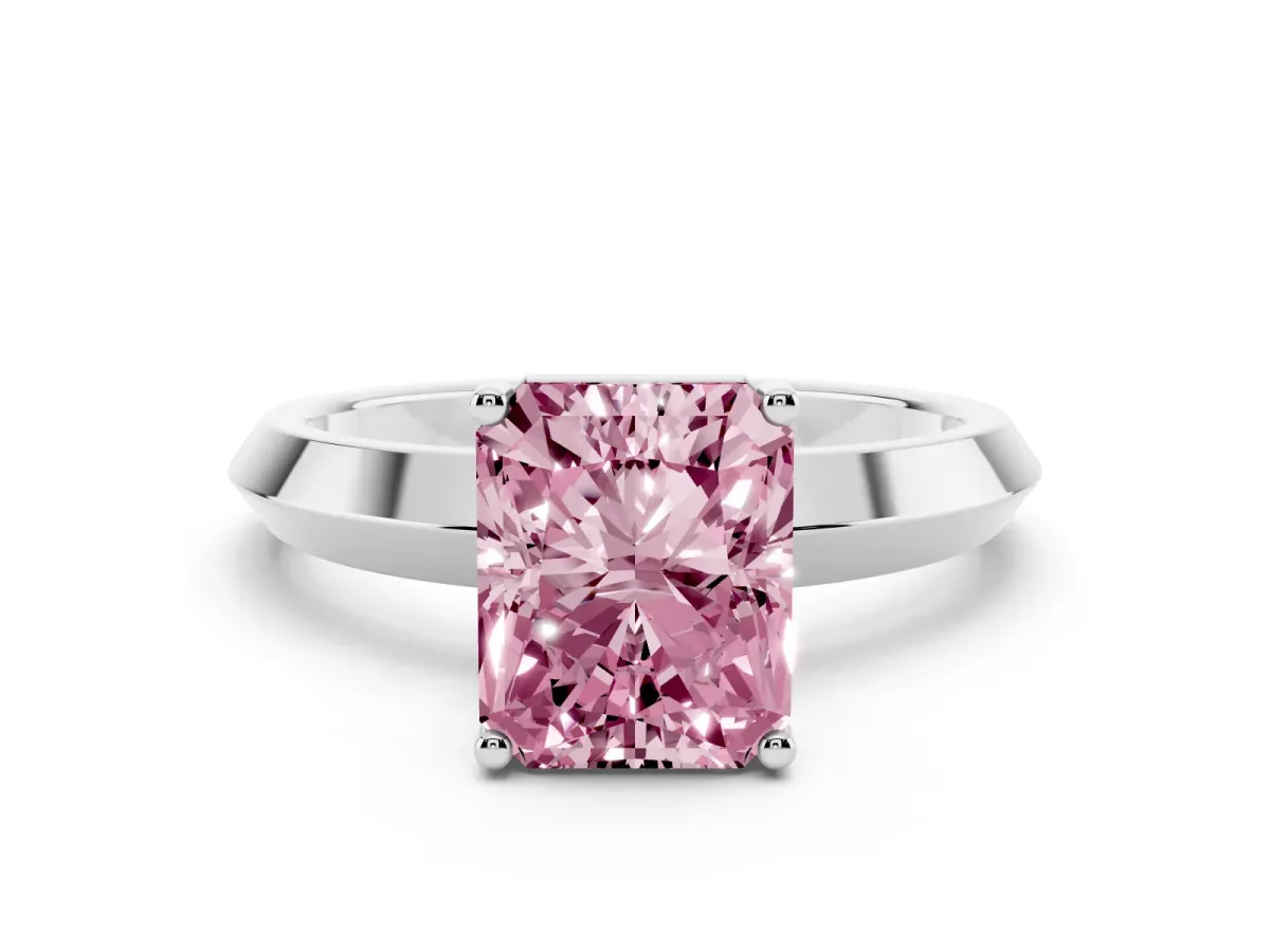 Fancy Pink Radiant Cut Cut Solitaire Engagement Ring with Flat Band and Four-Prong Setting Platinum