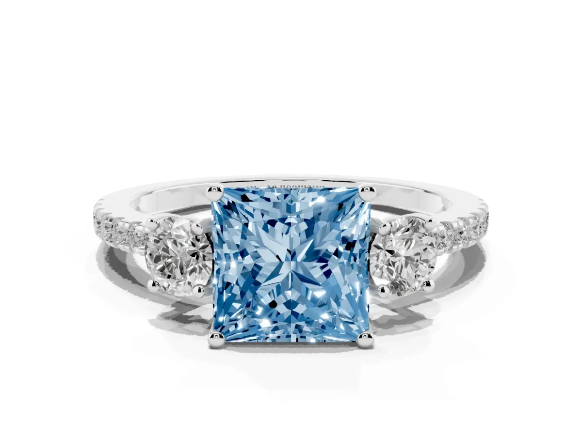 Fancy Blue Three-Stone Princess Cut Cut Diamond Pavé Band with Prong Setting Silver