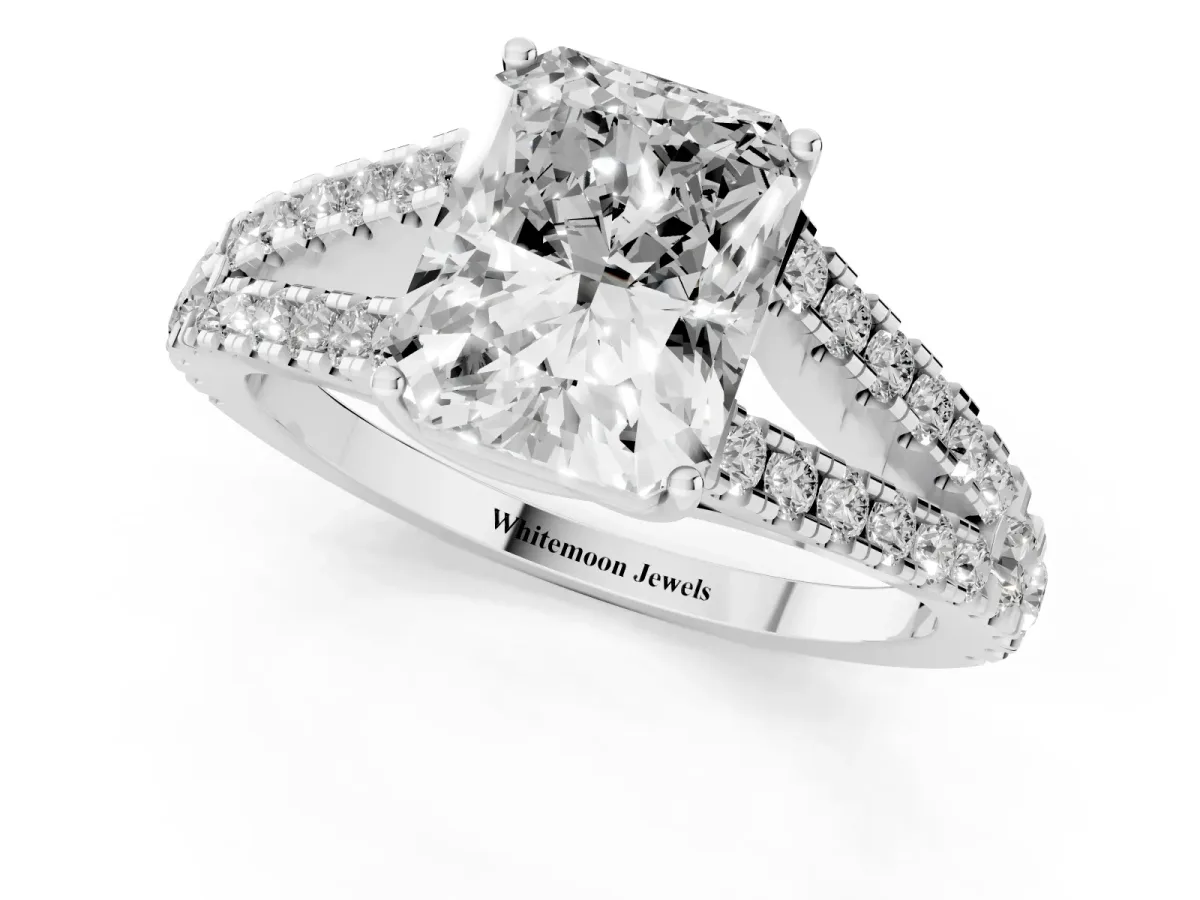 Radiant Cut Diamond Split Shank Engagement Ring with Round Pavé and Prong Setting Silver