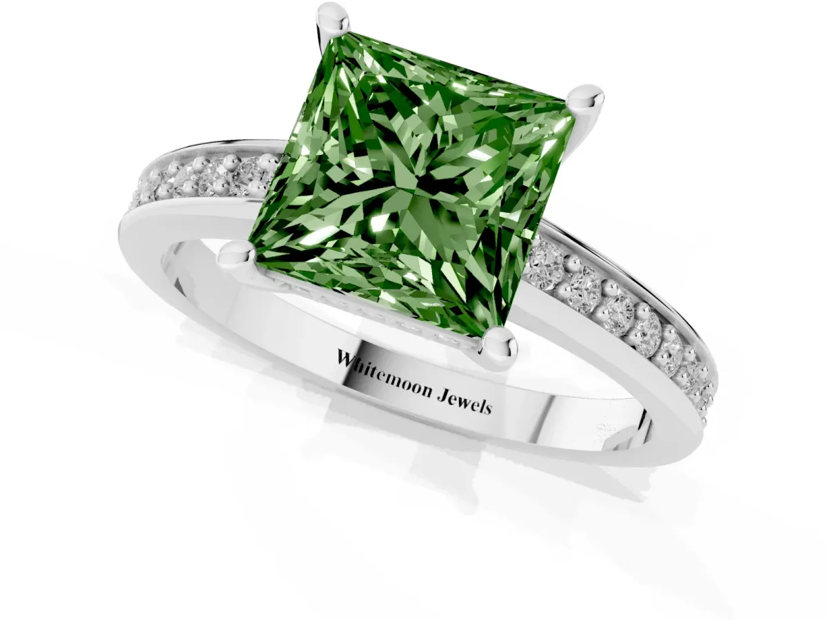Fancy Green Princess Cut Solitaire Pavé Band Prong Setting Ring Silver