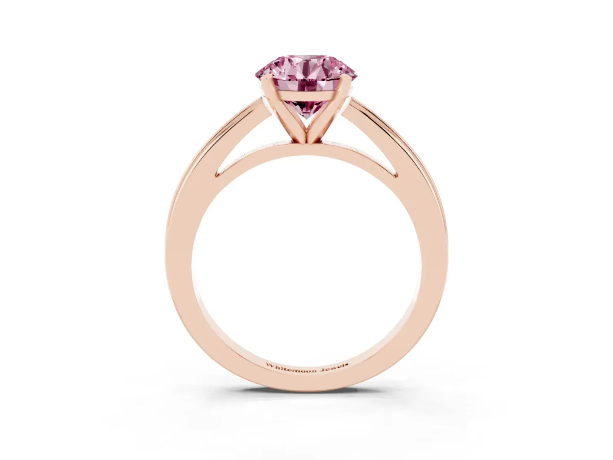Fancy Pink Round Cut Solitaire Diamond Ring with Four-Prong Setting and Classic Band Rose gold
