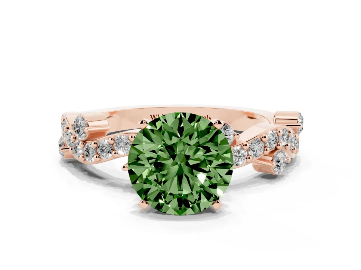 Fancy Green Round Cut Cut Solitaire Diamond Twisted Band with Pave Setting Rose gold