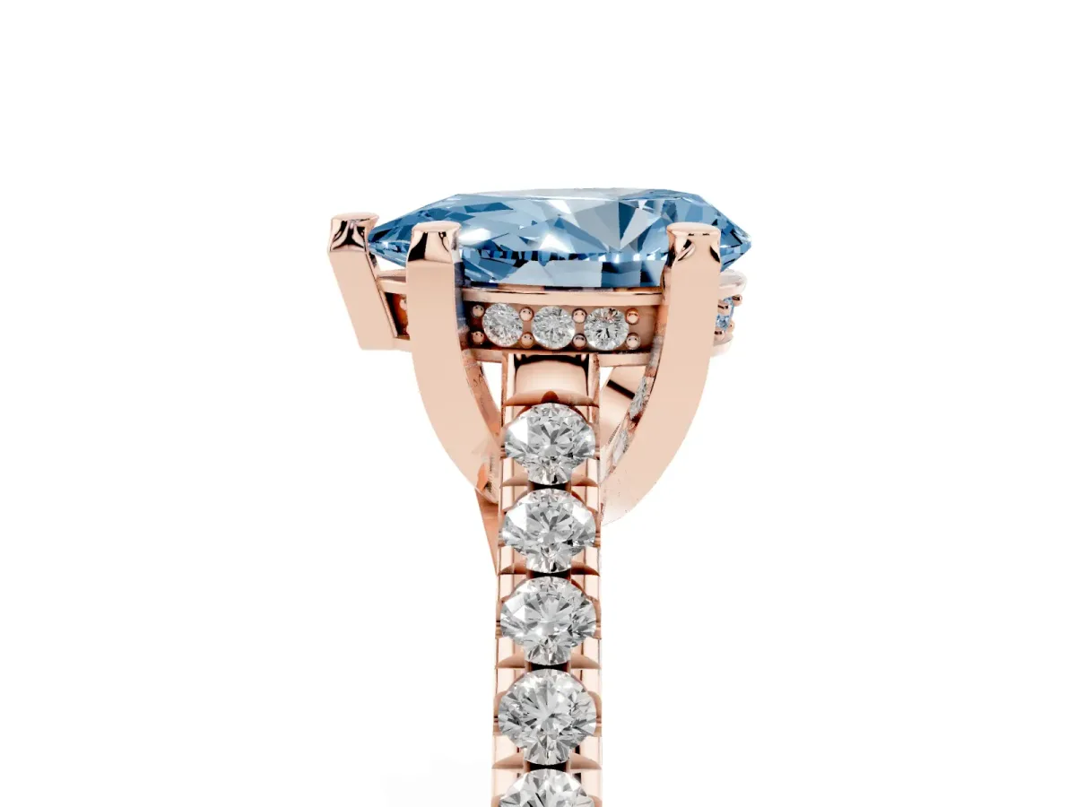 Fancy Blue Pear Cut Brilliant Diamond Solitaire with Pavé Band and Four-Prong Setting Rose gold