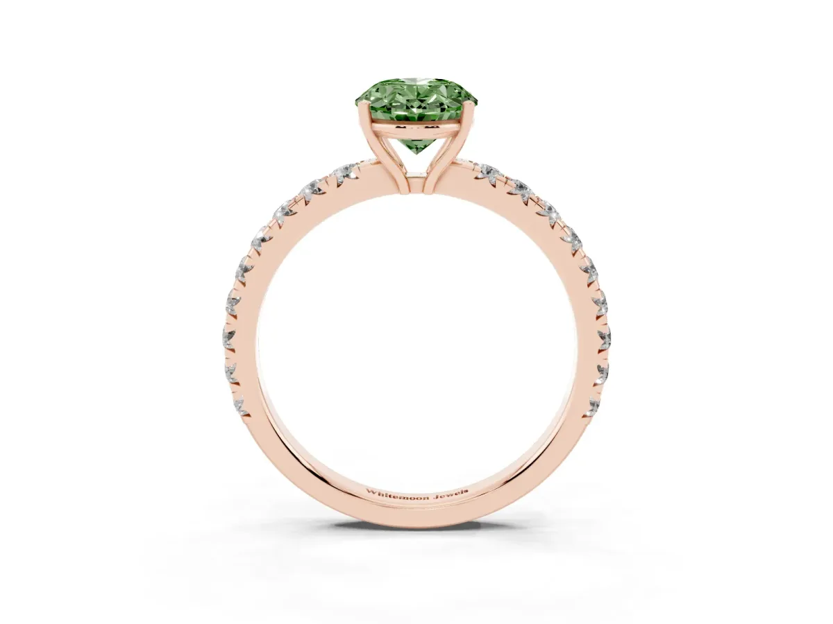 Fancy Green Oval Cut Diamond Pavé Solitaire Engagement Ring with Four-Prong Setting Rose gold