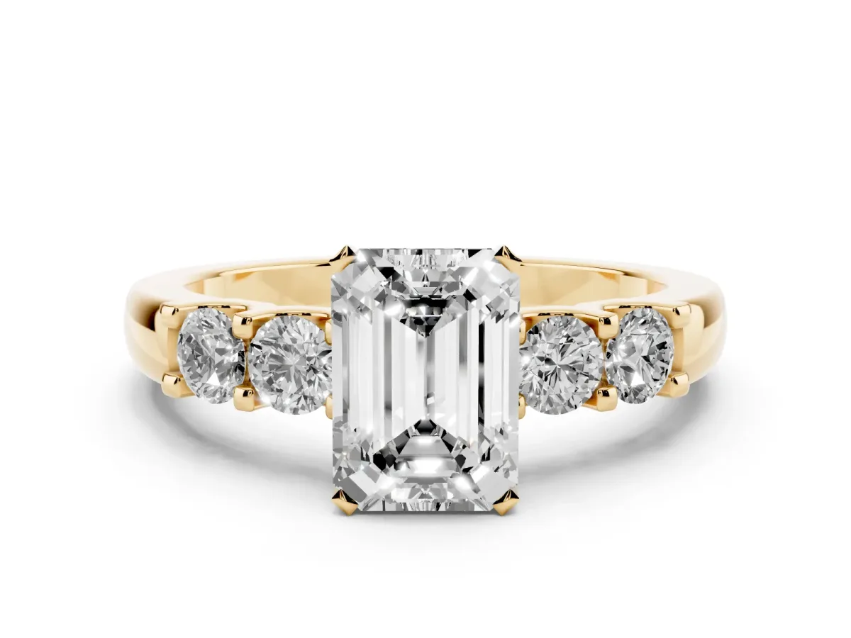 Emerald Cut Brilliant Cut Diamond Five-Stone Prong Set Engagement Ring with Channel Band Yellow gold
