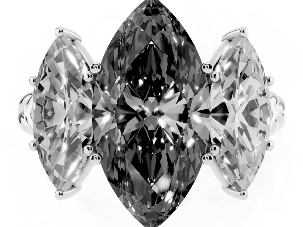 Fancy Black Three-Stone Marquise Cut Diamond Braided Band Ring with Four-Prong Setting Platinum