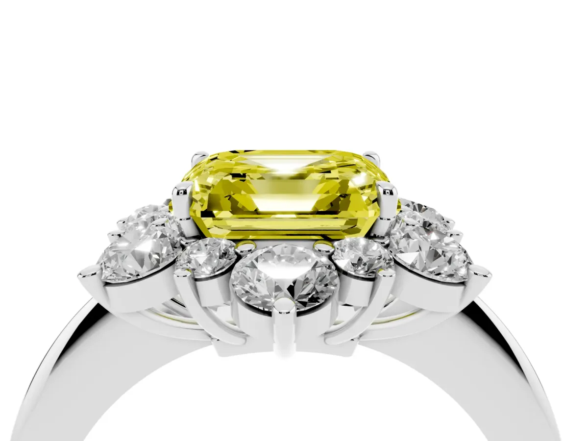 Fancy Yellow Asscher Cut Diamond Cluster Halo Ring with Solitaire Band and Four-Prong Setting White gold