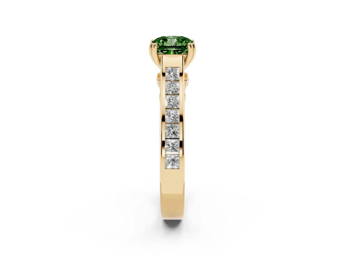 Fancy Green Cushion Cut Cut Channel Set Solitaire Engagement Ring with Prong Setting Yellow gold