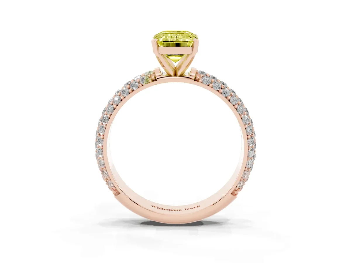 Fancy Yellow Emerald Cut Diamond Solitaire Ring with Prong Setting and Pavé Band Rose gold