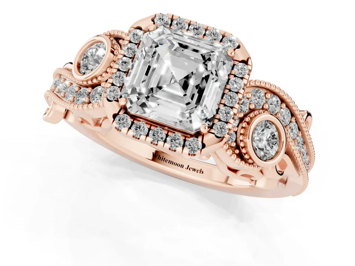 Asscher Cut Diamond Halo Ring with Milgrain Pavé Band and Four-Prong Setting Rose gold