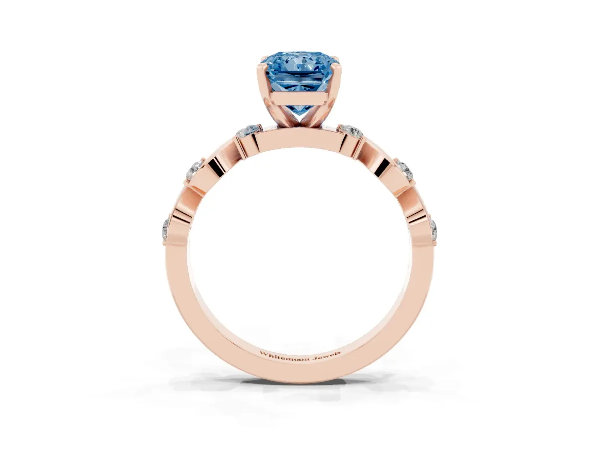 Fancy Blue Radiant Cut Diamond Solitaire Twisted Band with Round Accents and Prong Setting Rose gold