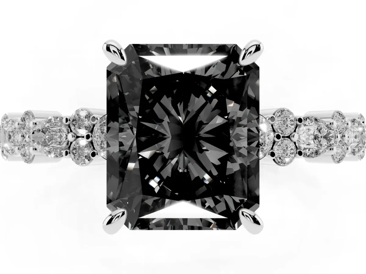Fancy Black Radiant Cut Diamond Side Stone Solitaire Ring with Round and Four-Prong Setting Platinum