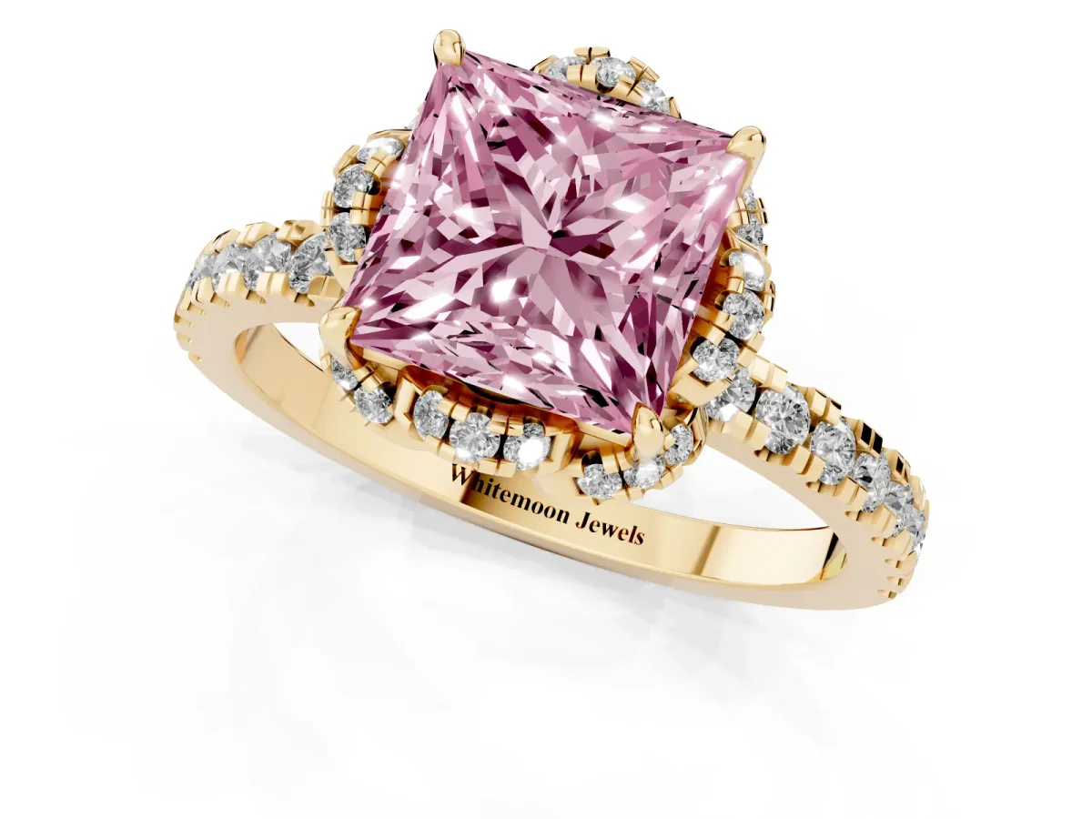Fancy Pink Princess Cut Diamond Halo Pave Band with Four-Prong Setting Yellow gold
