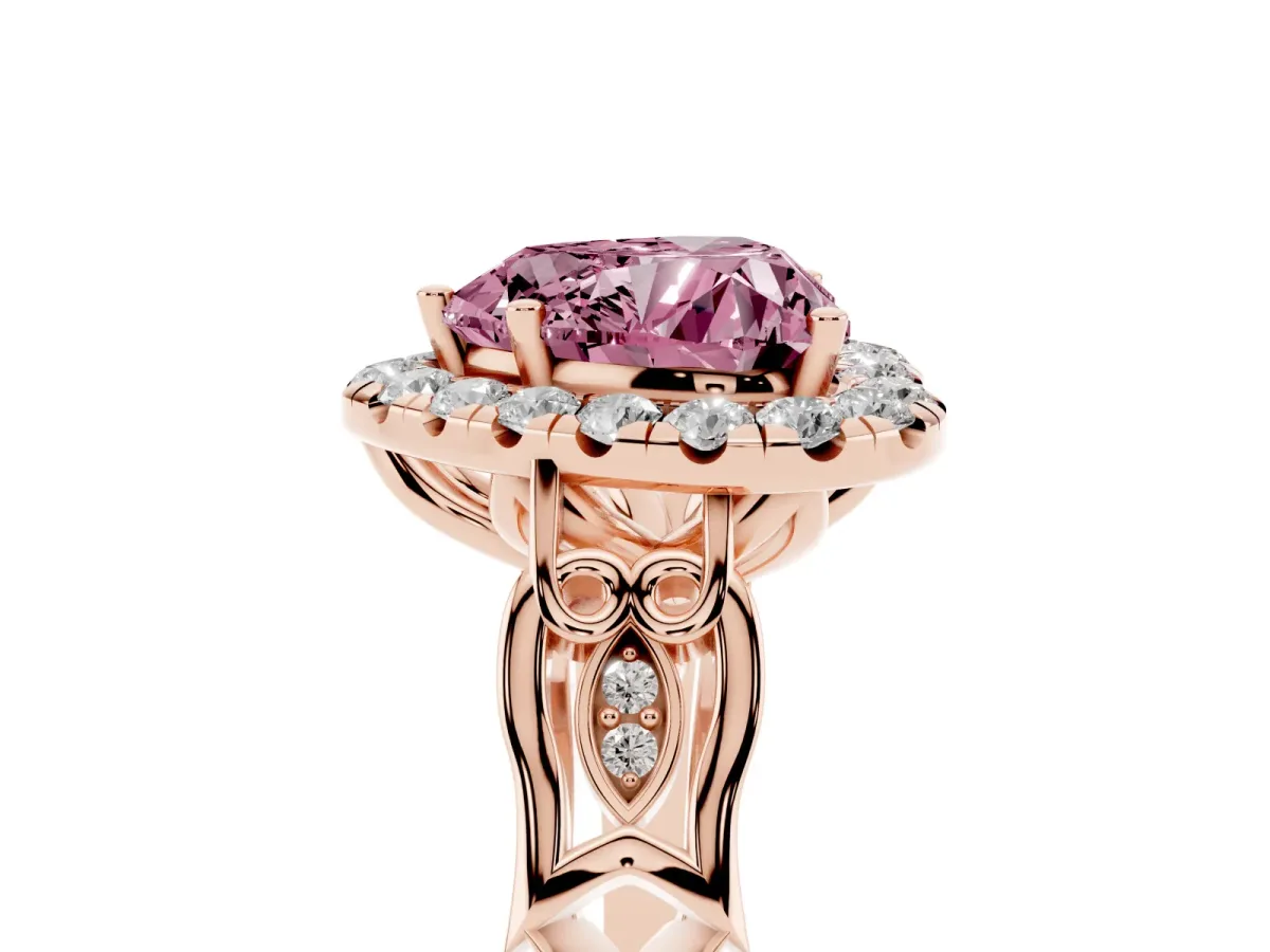 Fancy Pink Heart Cut Halo Diamond Engagement Ring with Filigree Band and Four-Prong Setting Rose gold