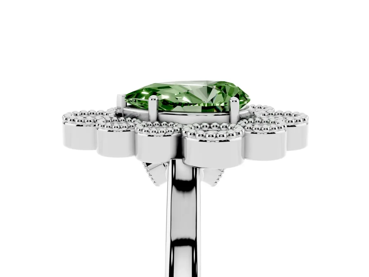 Fancy Green Pear Cut Halo Diamond Cluster Engagement Ring with Milgrain Bezel Setting and Solitaire Band Platinum