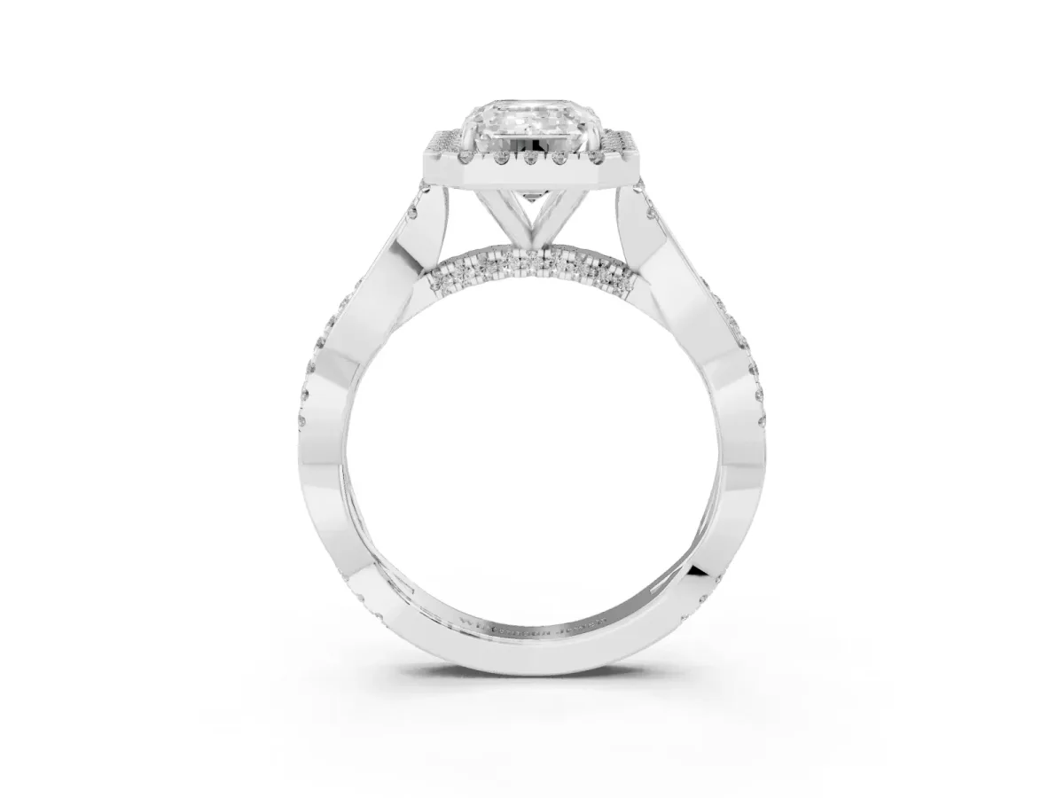 Emerald Cut Halo Twist Band Solitaire Ring Silver