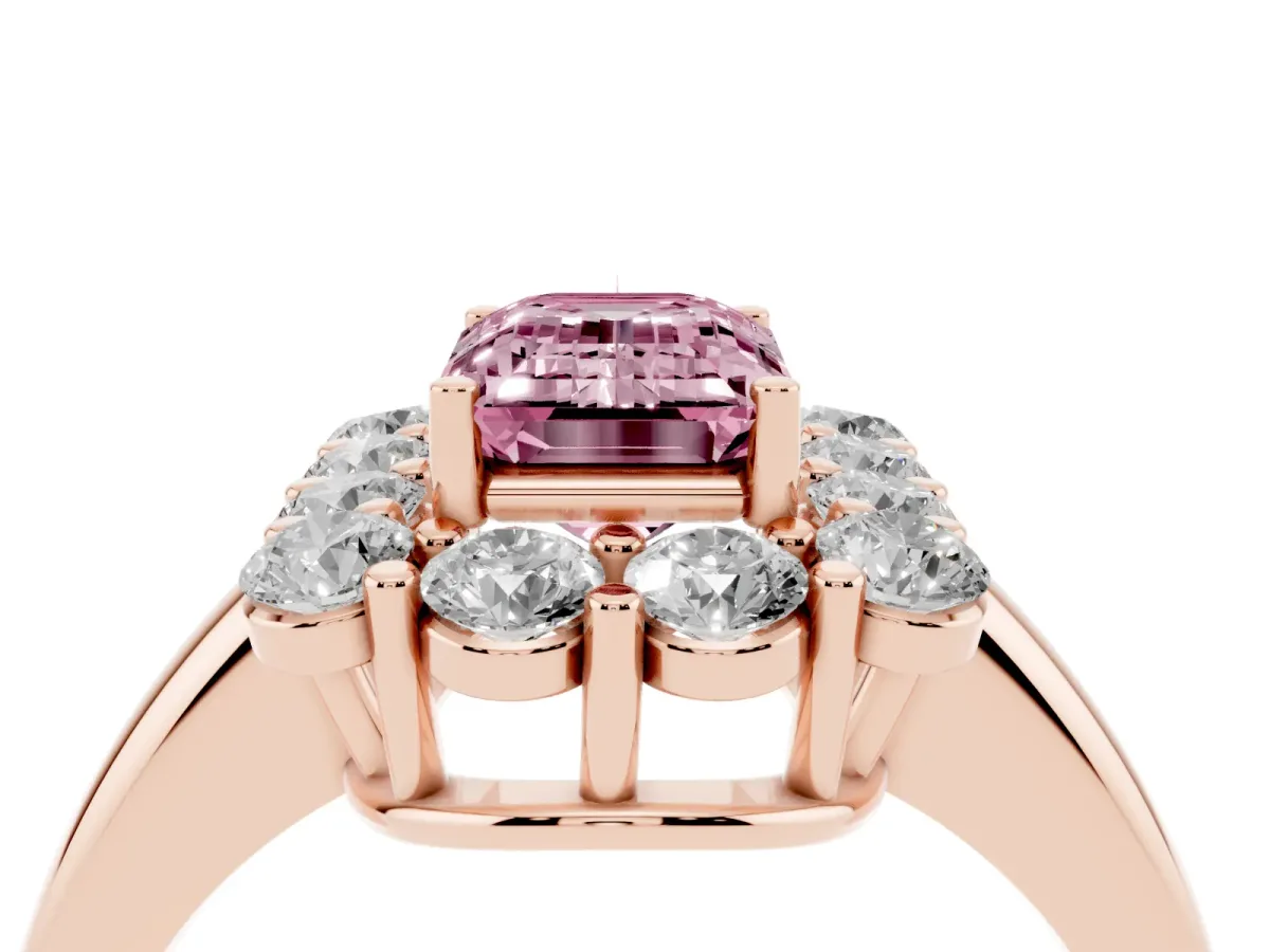 Fancy Pink Emerald Cut Halo Cluster Diamond Engagement Ring with Prong Setting and Polished Band Rose gold